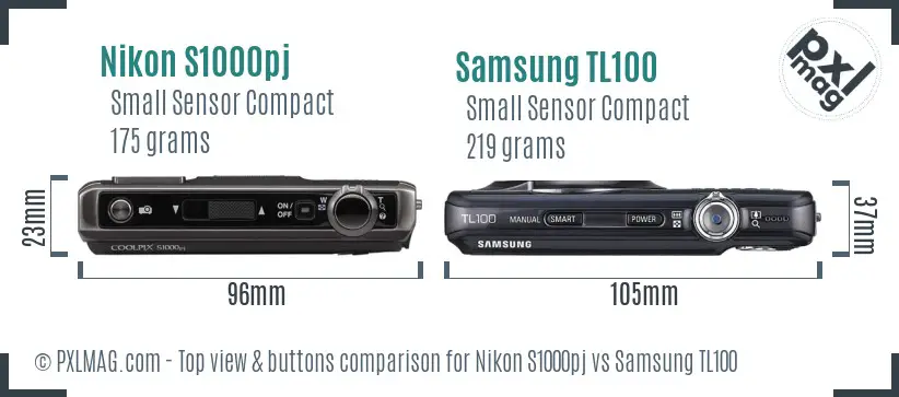 Nikon S1000pj vs Samsung TL100 top view buttons comparison Nikon S1000pj vs Samsung TL100 top view buttons comparison