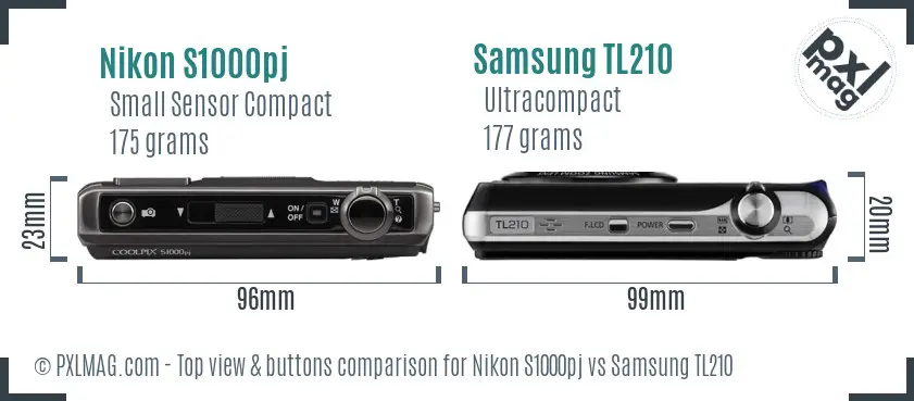 Nikon S1000pj vs Samsung TL210 top view buttons comparison