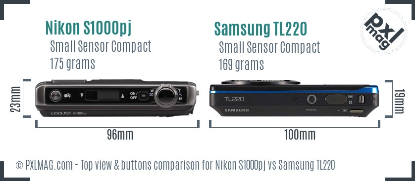 Nikon S1000pj vs Samsung TL220 top view buttons comparison