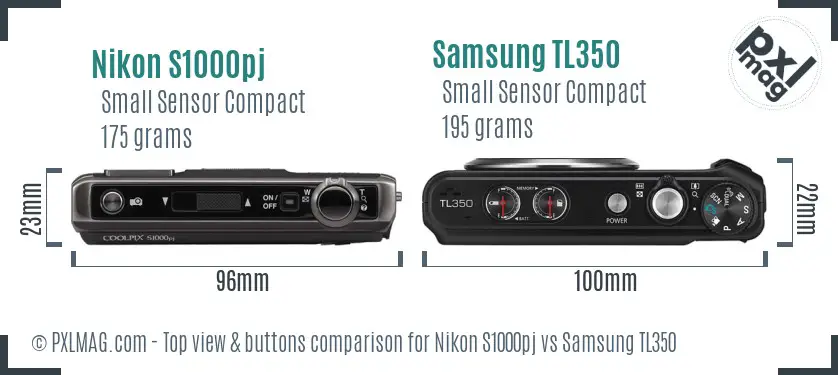 Nikon S1000pj vs Samsung TL350 top view buttons comparison