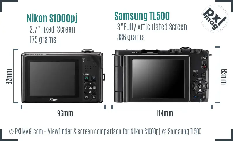 Nikon S1000pj vs Samsung TL500 Screen and Viewfinder comparison