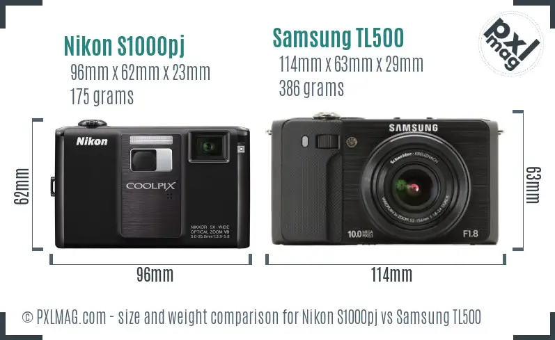 Nikon S1000pj vs Samsung TL500 size comparison