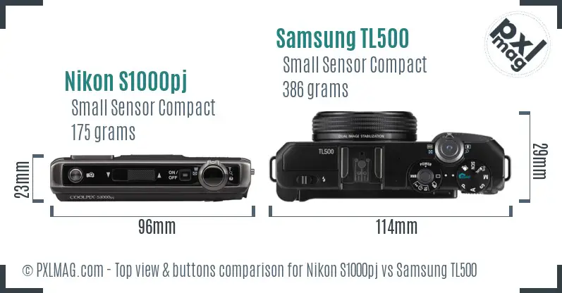 Nikon S1000pj vs Samsung TL500 top view buttons comparison