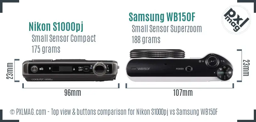 Nikon S1000pj vs Samsung WB150F top view buttons comparison