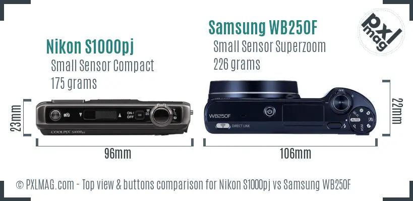 Nikon S1000pj vs Samsung WB250F top view buttons comparison