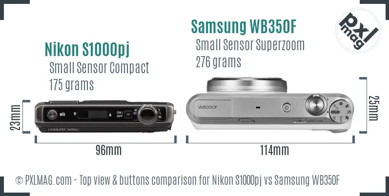 Nikon S1000pj vs Samsung WB350F top view buttons comparison Nikon S1000pj vs Samsung WB350F top view buttons comparison