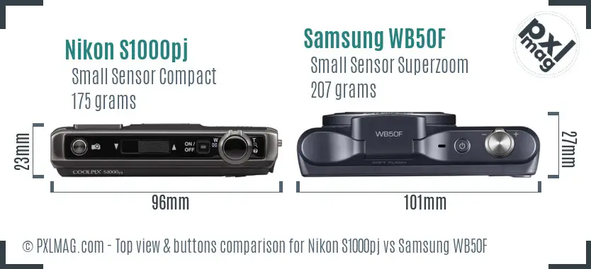 Nikon S1000pj vs Samsung WB50F top view buttons comparison