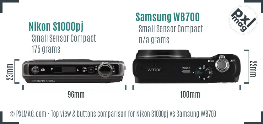 Nikon S1000pj vs Samsung WB700 top view buttons comparison
