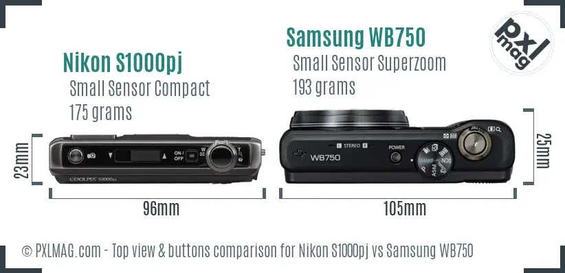 Nikon S1000pj vs Samsung WB750 top view buttons comparison Nikon S1000pj vs Samsung WB750 top view buttons comparison