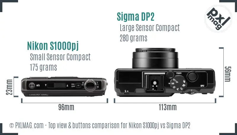 Nikon S1000pj vs Sigma DP2 top view buttons comparison