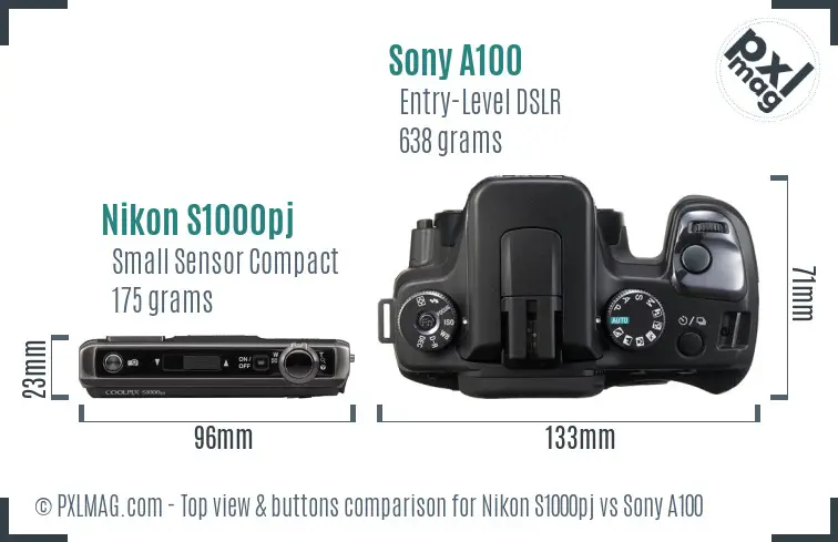 Nikon S1000pj vs Sony A100 top view buttons comparison