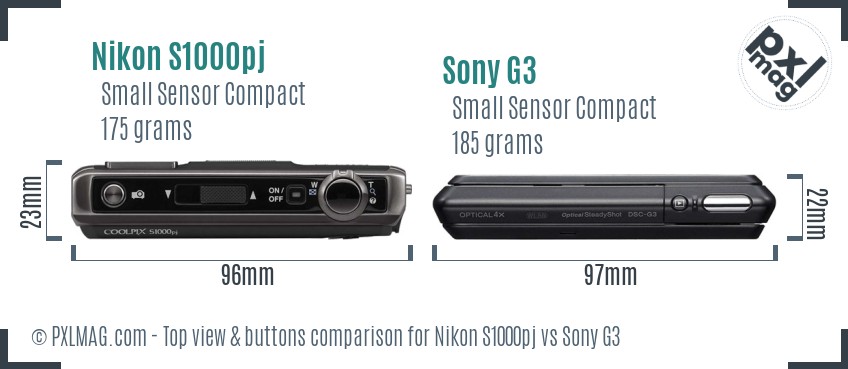Nikon S1000pj vs Sony G3 top view buttons comparison