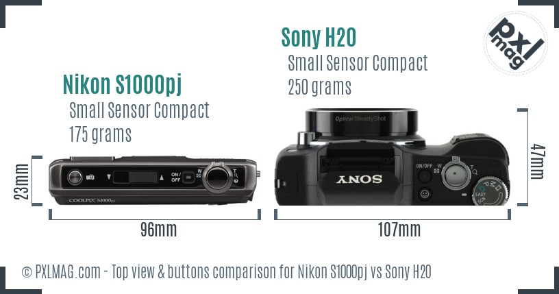 Nikon S1000pj vs Sony H20 top view buttons comparison