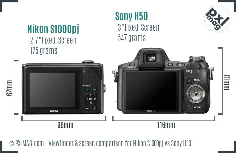 Nikon S1000pj vs Sony H50 Screen and Viewfinder comparison