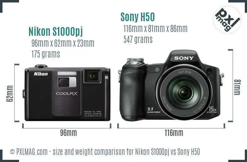 Nikon S1000pj vs Sony H50 size comparison