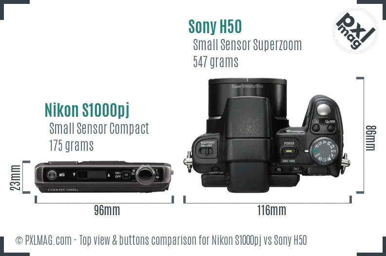 Nikon S1000pj vs Sony H50 top view buttons comparison