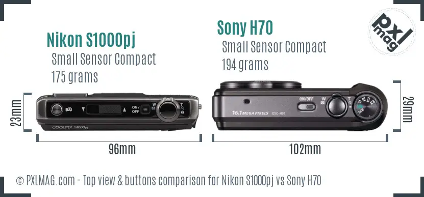 Nikon S1000pj vs Sony H70 top view buttons comparison