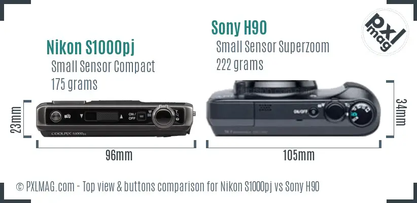 Nikon S1000pj vs Sony H90 top view buttons comparison