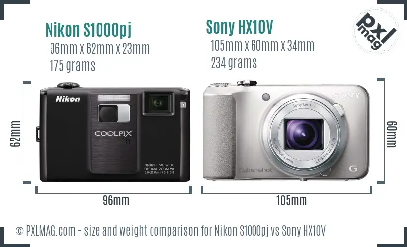 Nikon S1000pj vs Sony HX10V size comparison