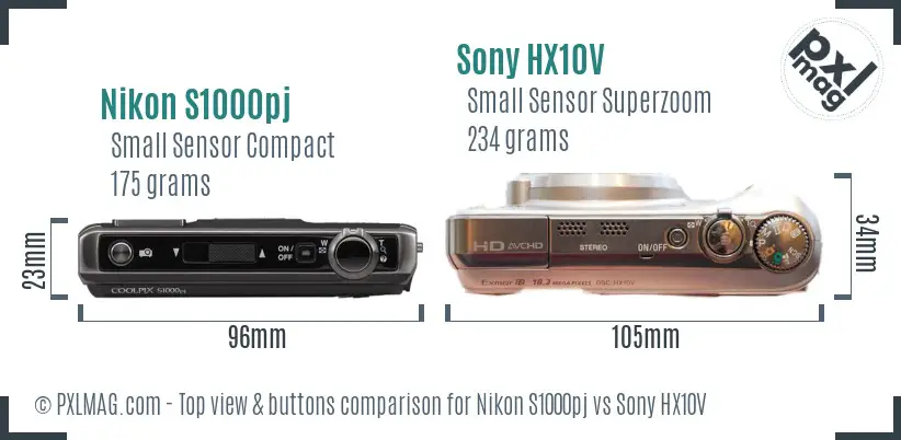 Nikon S1000pj vs Sony HX10V top view buttons comparison
