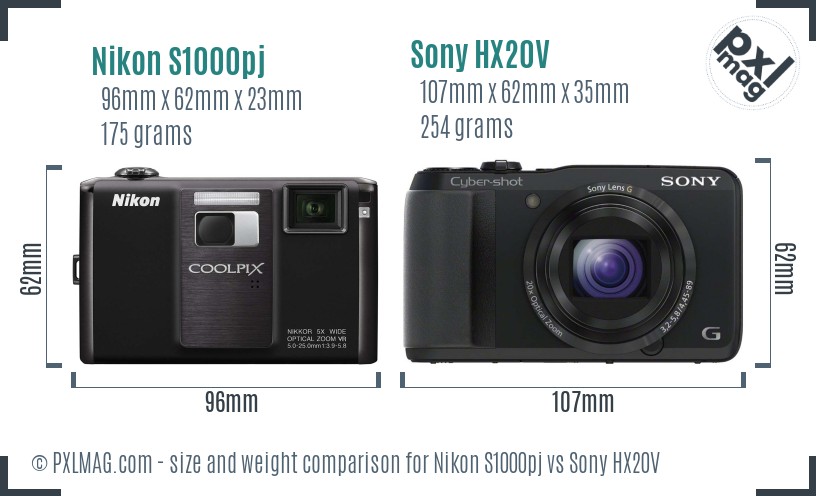 Nikon S1000pj vs Sony HX20V size comparison