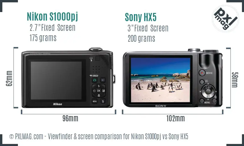 Nikon S1000pj vs Sony HX5 Screen and Viewfinder comparison