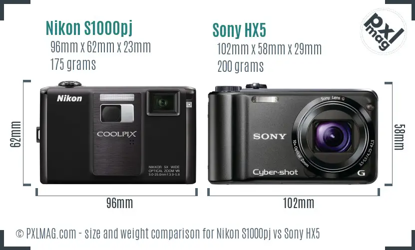 Nikon S1000pj vs Sony HX5 size comparison