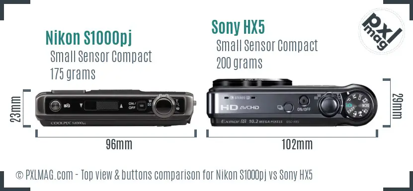 Nikon S1000pj vs Sony HX5 top view buttons comparison