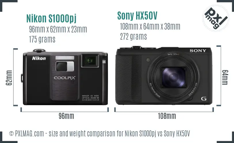 Nikon S1000pj vs Sony HX50V size comparison