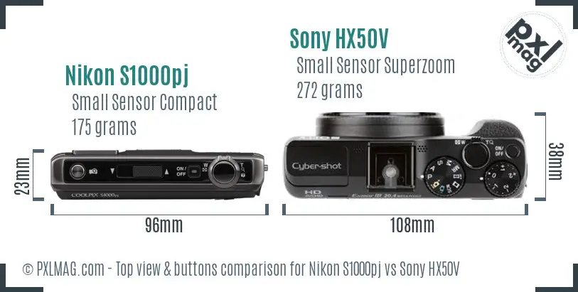 Nikon S1000pj vs Sony HX50V top view buttons comparison