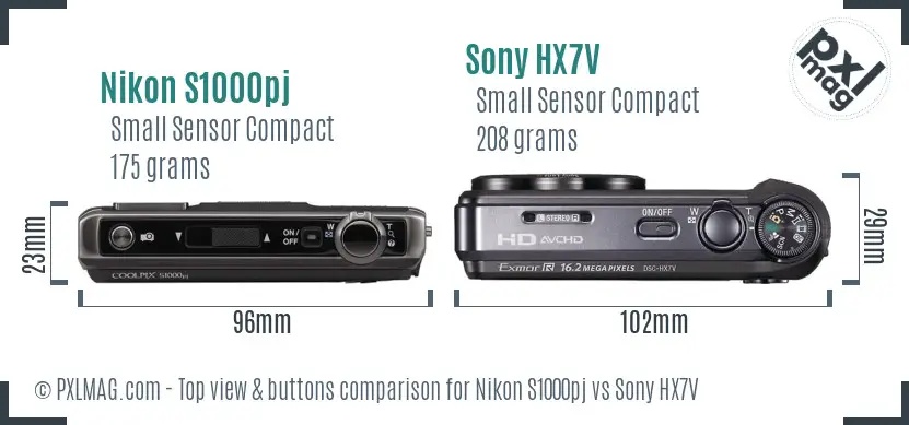 Nikon S1000pj vs Sony HX7V top view buttons comparison