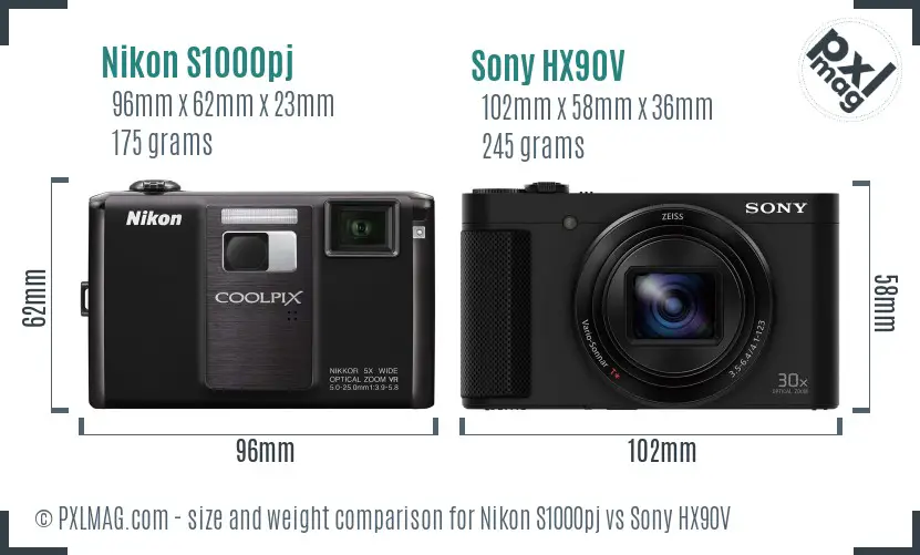 Nikon S1000pj vs Sony HX90V size comparison