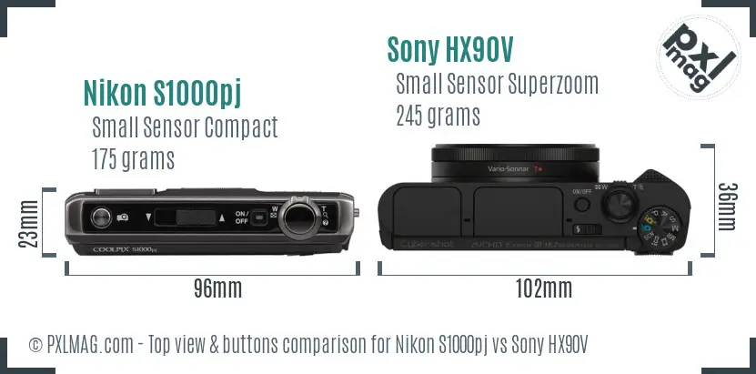 Nikon S1000pj vs Sony HX90V top view buttons comparison