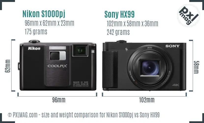 Nikon S1000pj vs Sony HX99 size comparison