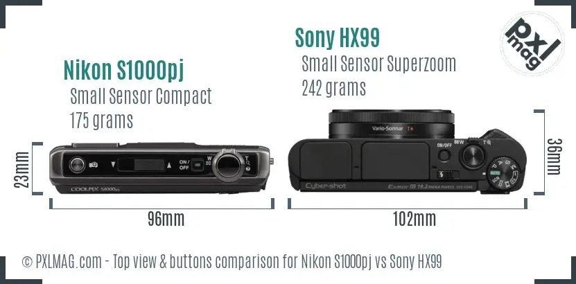 Nikon S1000pj vs Sony HX99 top view buttons comparison