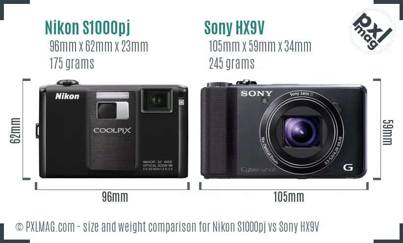 Nikon S1000pj vs Sony HX9V size comparison