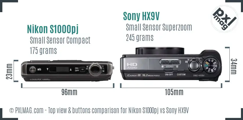 Nikon S1000pj vs Sony HX9V top view buttons comparison
