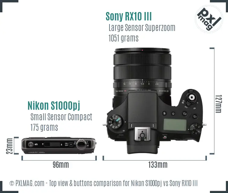 Nikon S1000pj vs Sony RX10 III top view buttons comparison