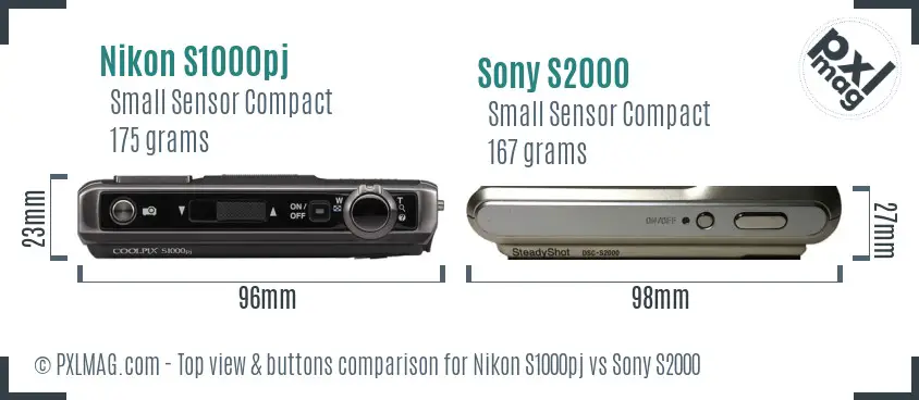 Nikon S1000pj vs Sony S2000 top view buttons comparison