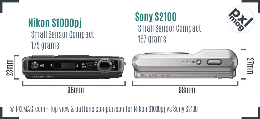 Nikon S1000pj vs Sony S2100 top view buttons comparison