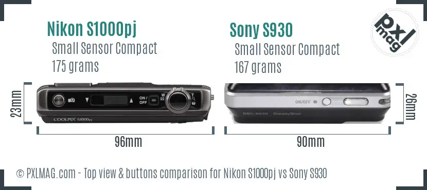 Nikon S1000pj vs Sony S930 top view buttons comparison