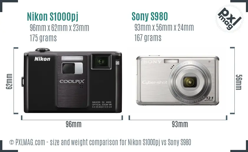 Nikon S1000pj vs Sony S980 size comparison