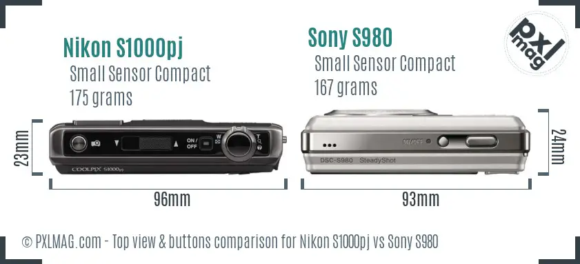 Nikon S1000pj vs Sony S980 top view buttons comparison
