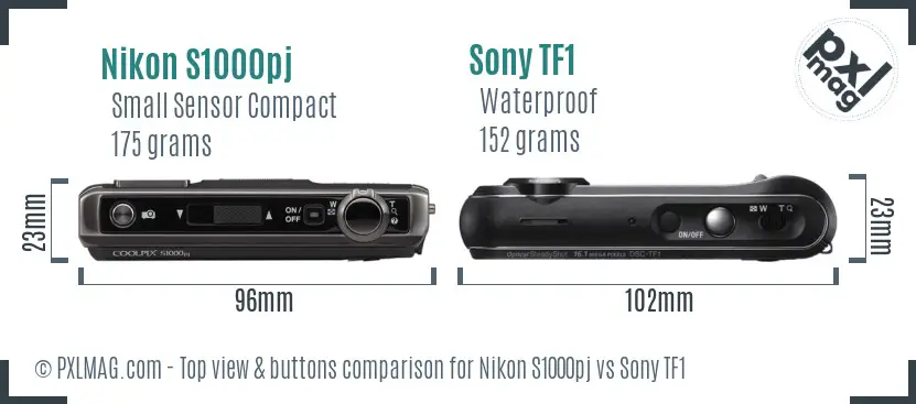 Nikon S1000pj vs Sony TF1 top view buttons comparison