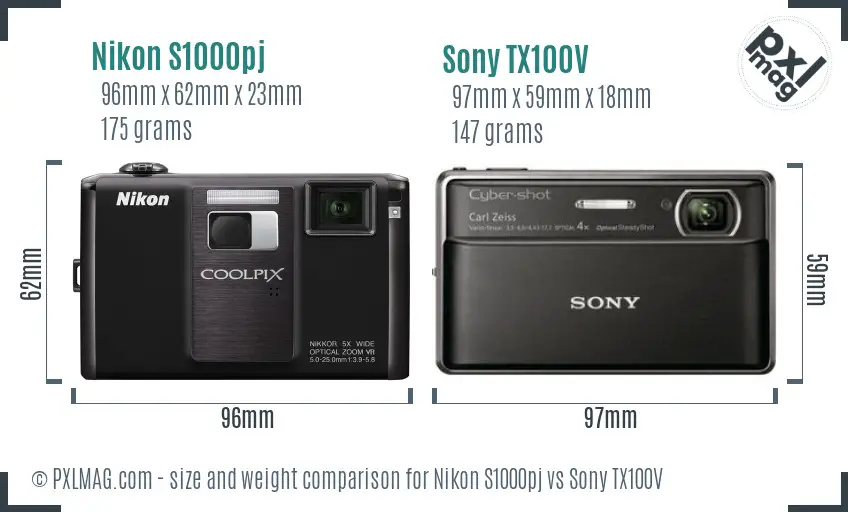 Nikon S1000pj vs Sony TX100V size comparison