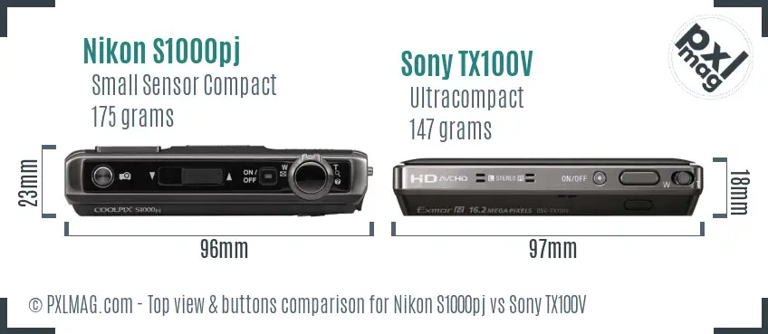 Nikon S1000pj vs Sony TX100V top view buttons comparison