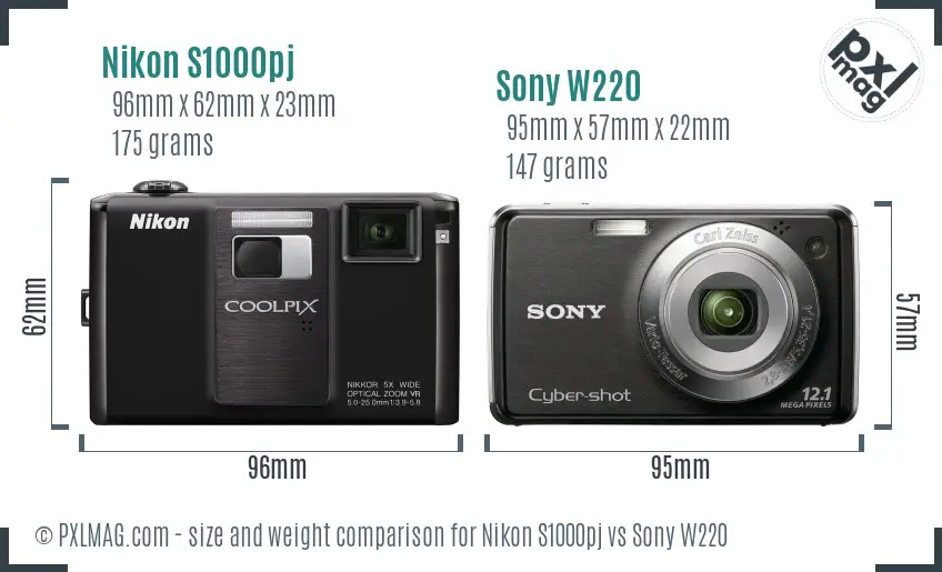 Nikon S1000pj vs Sony W220 size comparison