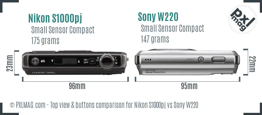 Nikon S1000pj vs Sony W220 top view buttons comparison