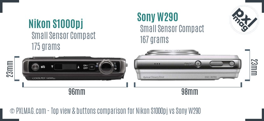 Nikon S1000pj vs Sony W290 top view buttons comparison