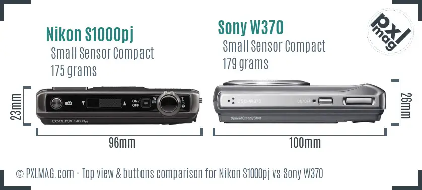 Nikon S1000pj vs Sony W370 top view buttons comparison